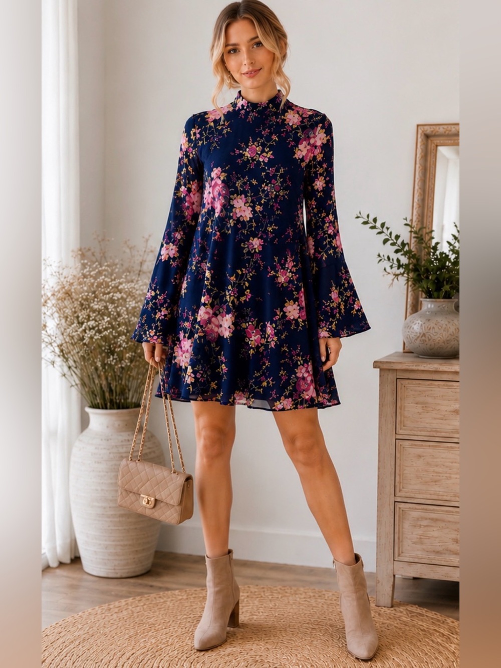 NWT Free People Floral Open Back Bell Sleeve Mini Dress XS Pockets Boho